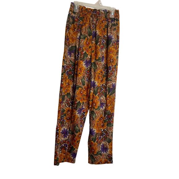 Vintage Stacey Michaels Women Pants Sz Sm Brown Floral Pull On Elastic Waist - Picture 1 of 10